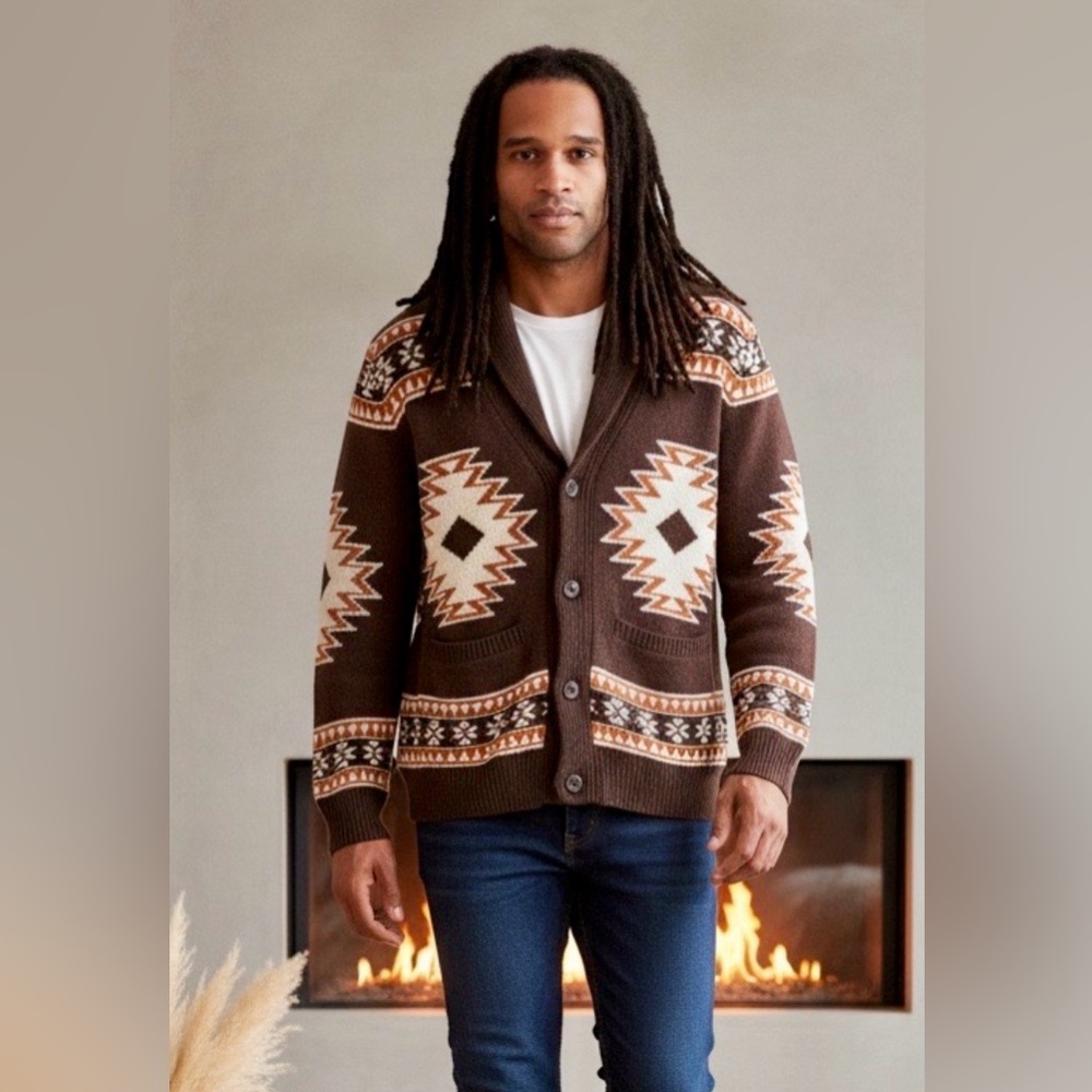 Telluride Men's Brown Aztec Patterned Cardigan Sweater in M